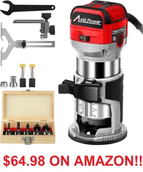 Aerm104 Avid Power 6.5 Amp 1.25 Hp Compact Wood Router 1/4 Inch 3/8 Collets 64.58 On Amazon